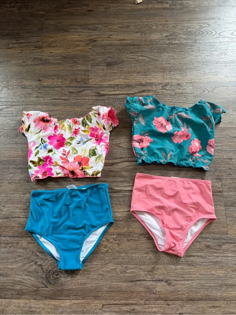 Coral Reef Teal Pink Reversible Floral Solid High Waisted Ruffle Swim Tankini